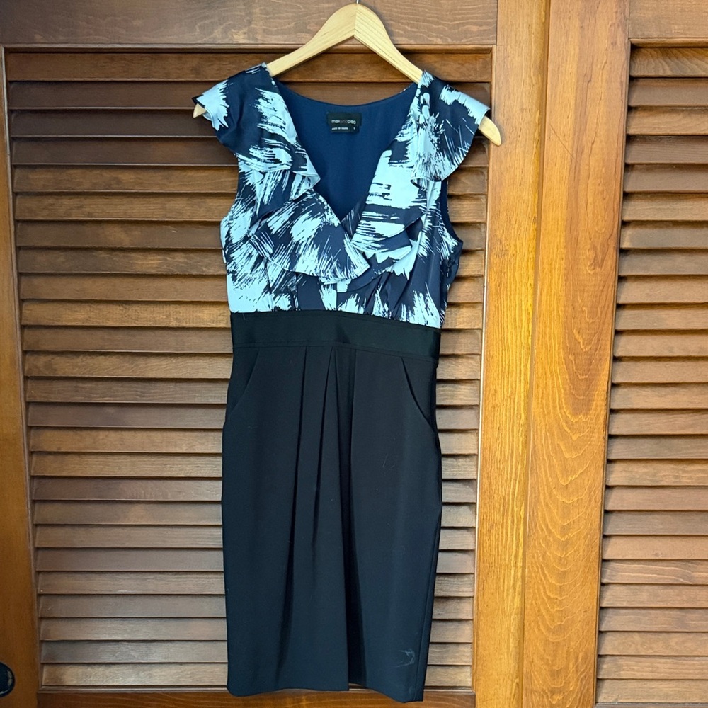 Sleeveless Black and Light Blue Printed Sheath Dress